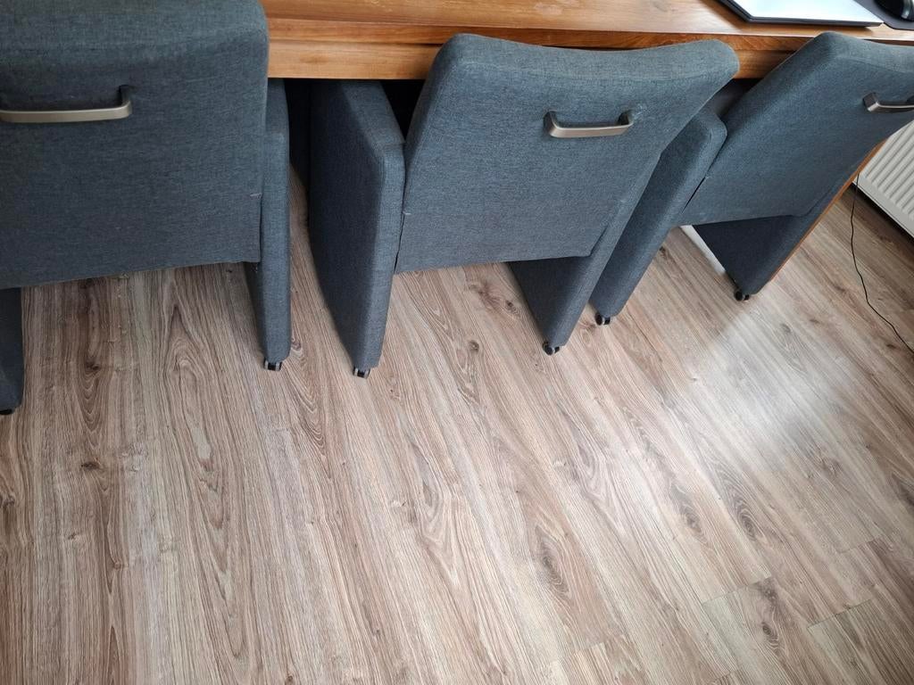 6 eethoekstoelen met armleuningen en wielen, Huis en Inrichting, Stoelen, Ophalen, Gebruikt, Grijs