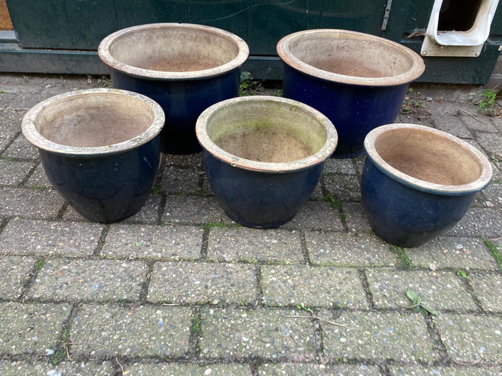Tuin potten van keramiek 5 stuks blauw, Ophalen, Steen, Minder dan 30 cm, Rond
