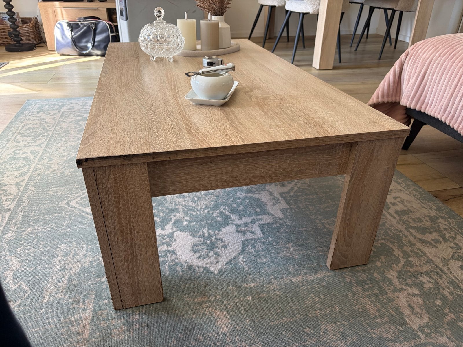 Stijlvolle salontafel in eikenhout look, Ophalen, Gebruikt, 100 tot 150 cm, 50 tot 100 cm