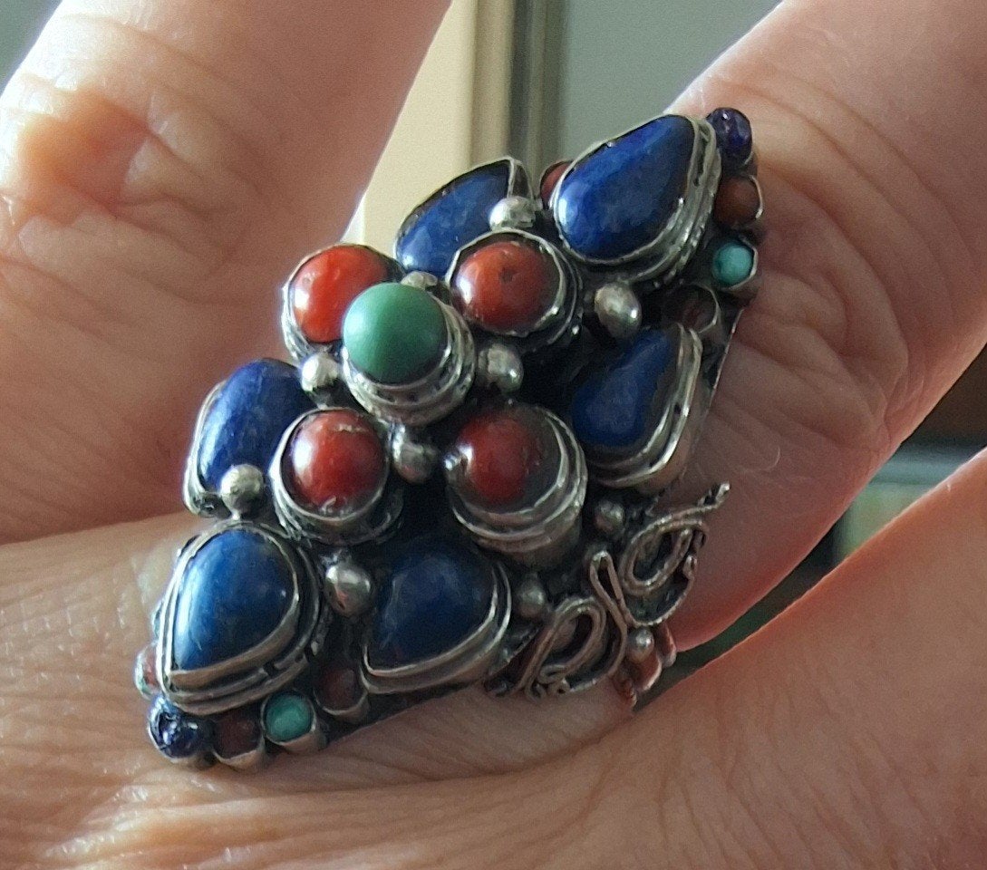 antieke Afghaanse Kuchi ring met edelstenen, Overige materialen, Gebruikt, Overige kleuren, Ophalen of Verzenden