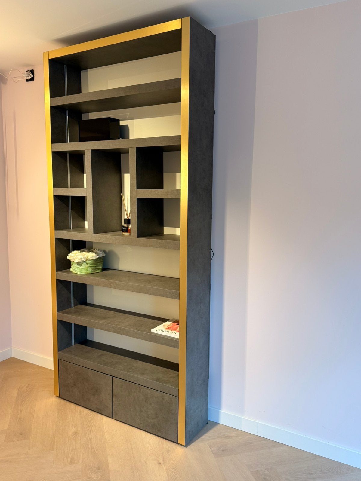 Wandkast Boekenkast 248x115x31cm met LED & lades | Maatwerk, Ophalen, Zo goed als nieuw, 25 tot 50 cm, 200 cm of meer