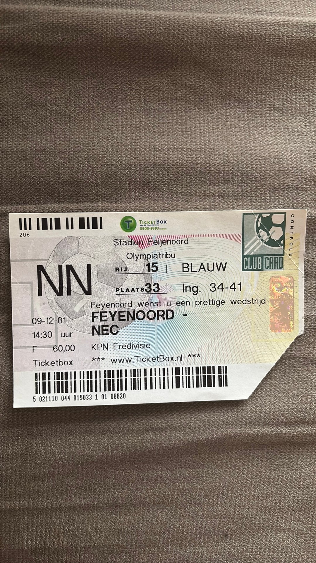 Oud stadionticket feyenoord nec 2001, Ophalen of Verzenden, Zo goed als nieuw, Feyenoord