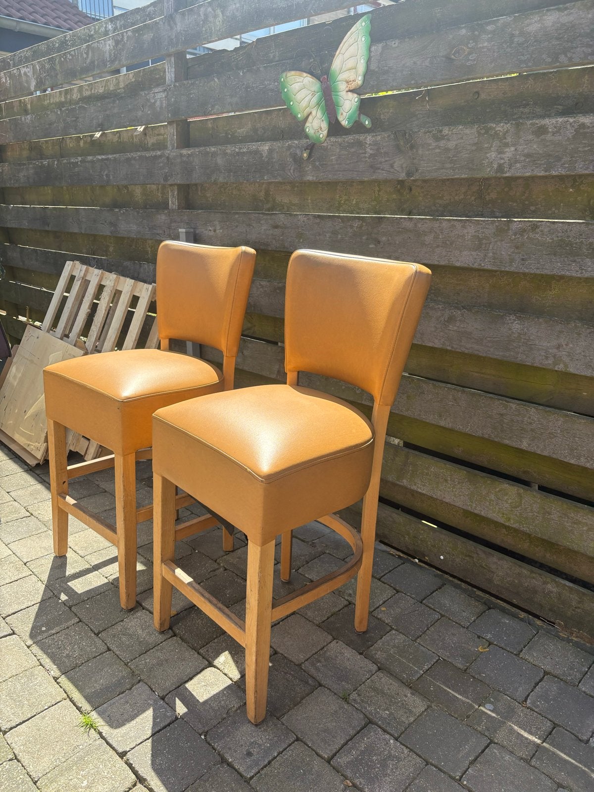 Set van 2 vintage barkrukken met rugleuning, Ophalen, Draaibaar, Gebruikt, 90 cm of meer