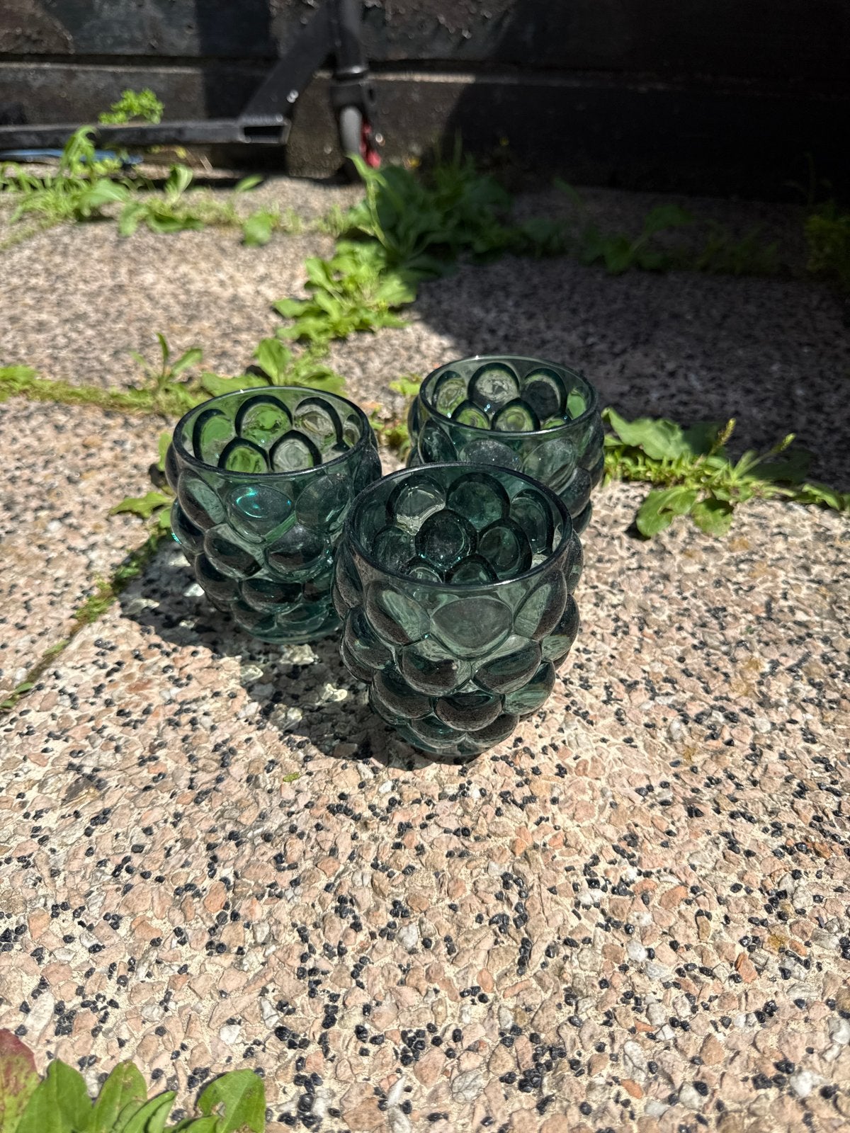 Set van 3 donkergroene glazen waxinelichthouders, Ophalen of Verzenden, Zo goed als nieuw, Groen, Glas