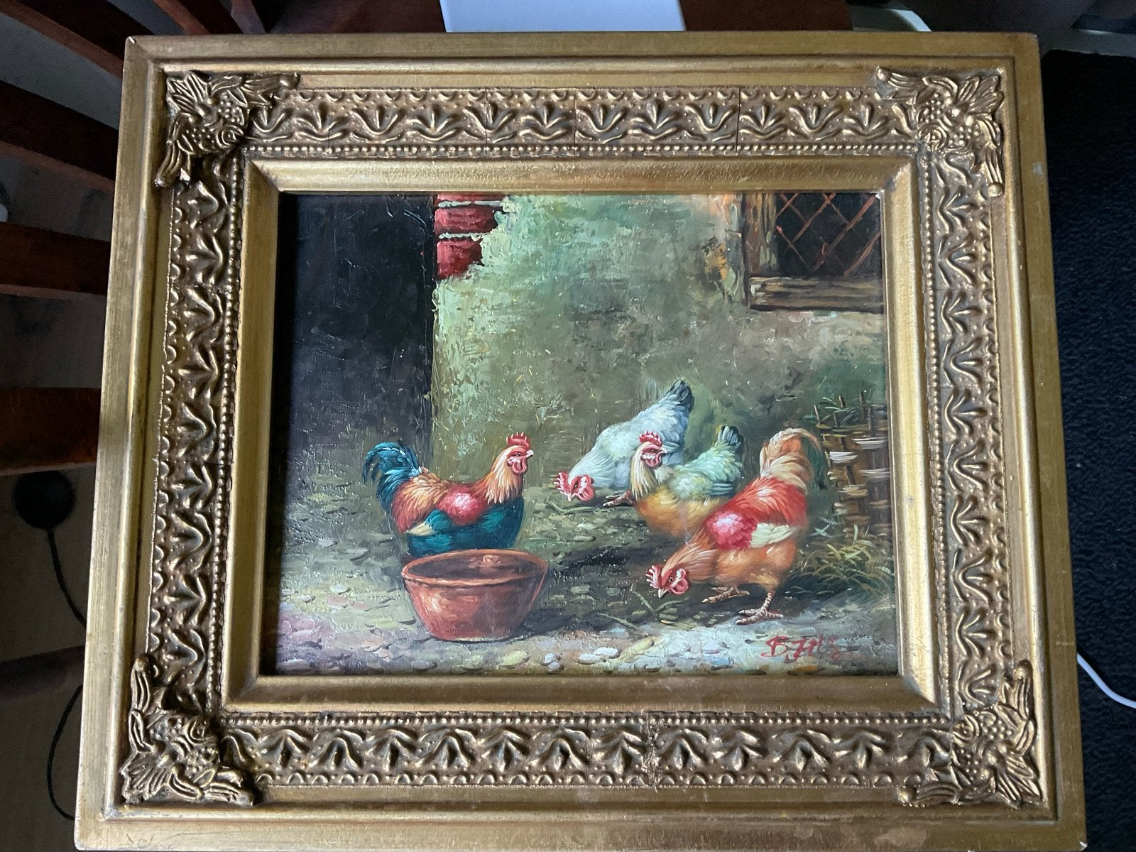 Olieverfschilderij: Kippen op het erf. Roe Bros, Antiek en Kunst, Ophalen, Paneel, Realistisch, Dieren