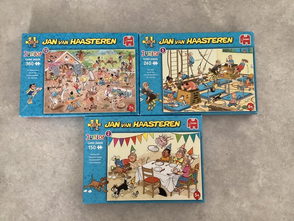3 incomplete Jan van Haasteren junior puzzels, Hobby en Vrije tijd, Denksport en Puzzels, Zo goed als nieuw, Legpuzzel, Minder dan 500 stukjes
