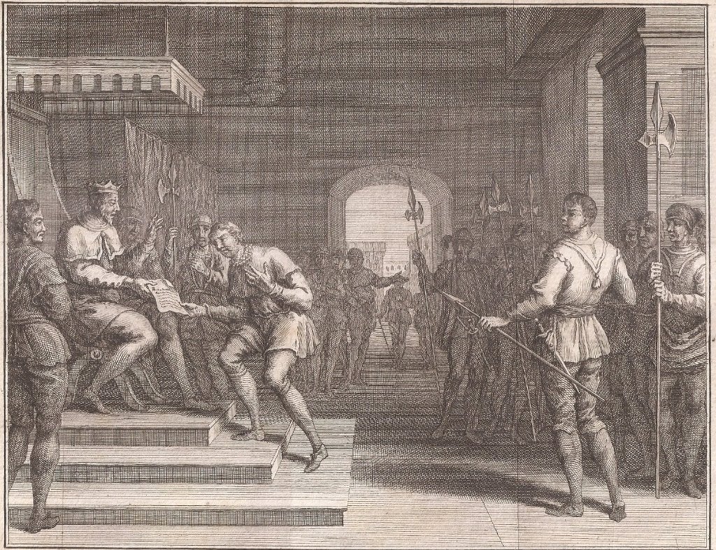Karel de Eenvoudige verleent Dirk I de titel graaf v.Holland, 19 cm, Ophalen of Verzenden, Gravure, 15 cm