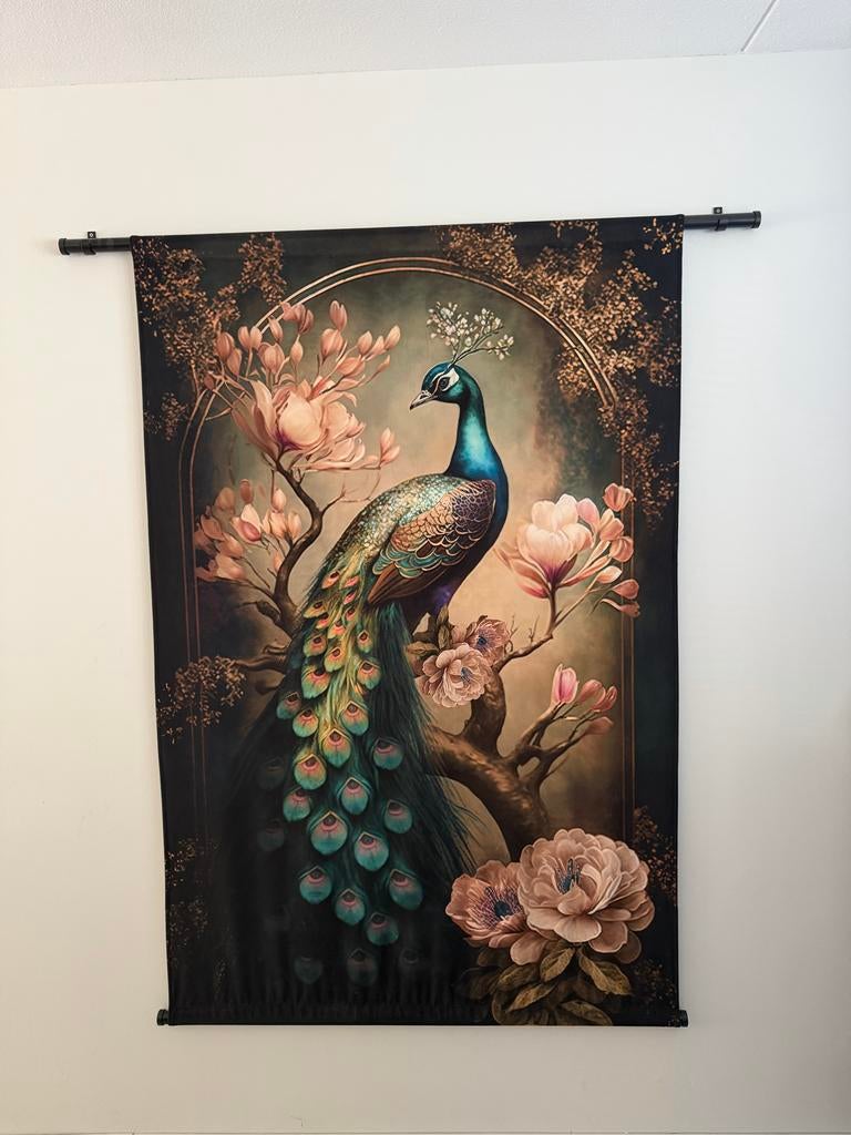 Luxe Pauw Wandkleed - Elegante Wanddecoratie met Bloemen, Ophalen, Meerkleurig, Nieuw, Met ophangsysteem