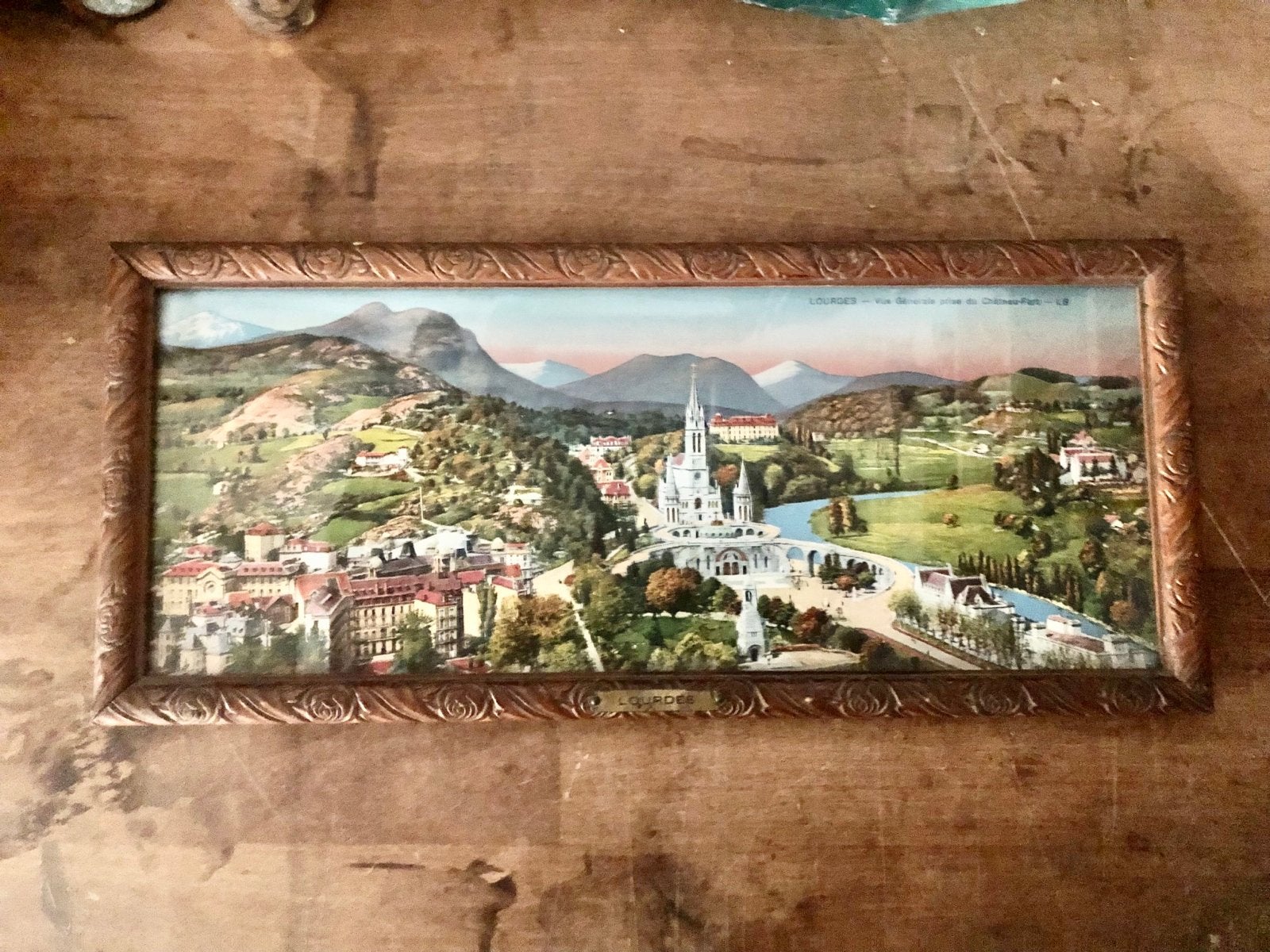 Souvenir Lourdes in Tramp Art Lijst met Bloemen (ca. 1950), Antiek en Kunst, Ophalen of Verzenden