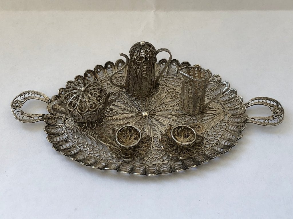 Zilveren miniatuur filigrain dienblad met koffieservies, Verzenden, Zilver