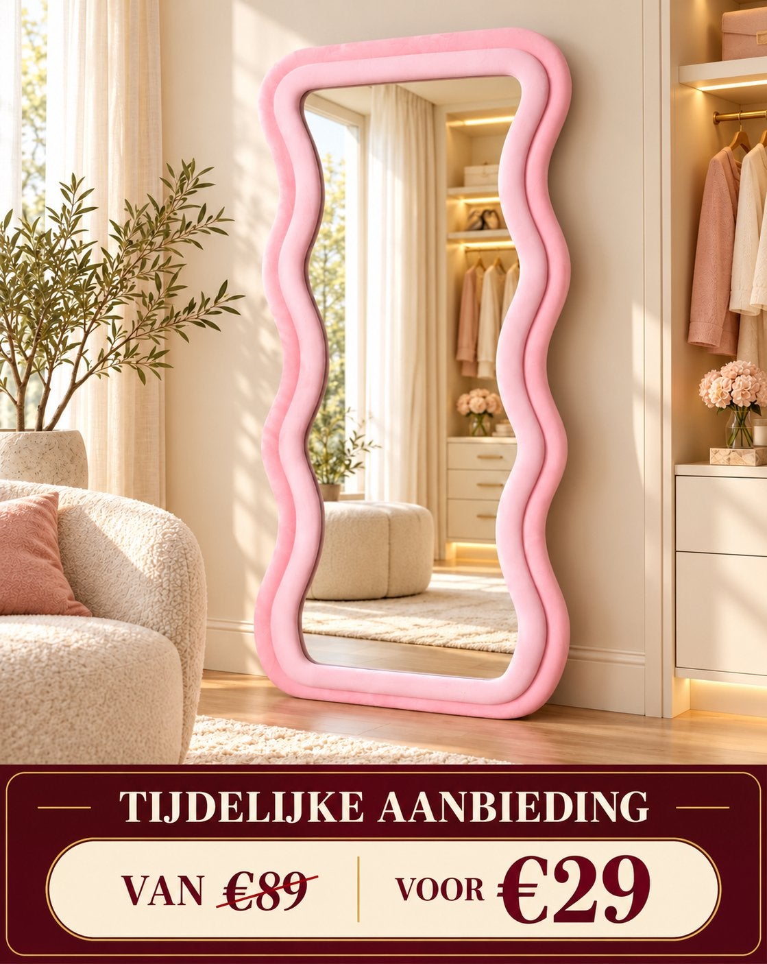 Roze Golvende Spiegel - Full-length Passpiegel, Huis en Inrichting, 7021br, Nieuw, Ophalen of Verzenden, Sera@live.nl