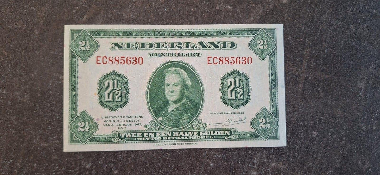 Nederland 2,5 gulden 1943 UNC ( Zeer mooi)..., Ophalen of Verzenden, Overige landen