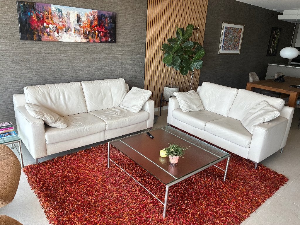 Leren bankstel (2½ en 2 zits) in off-white kleur, Ophalen, Gebruikt, Modern, tijdloos, 150 tot 200 cm