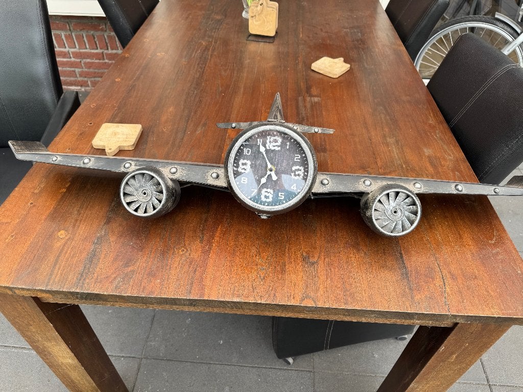 Metalen vliegtuig met klok voor aan de wand, Ophalen, Wandklok, Grijs, Analoog