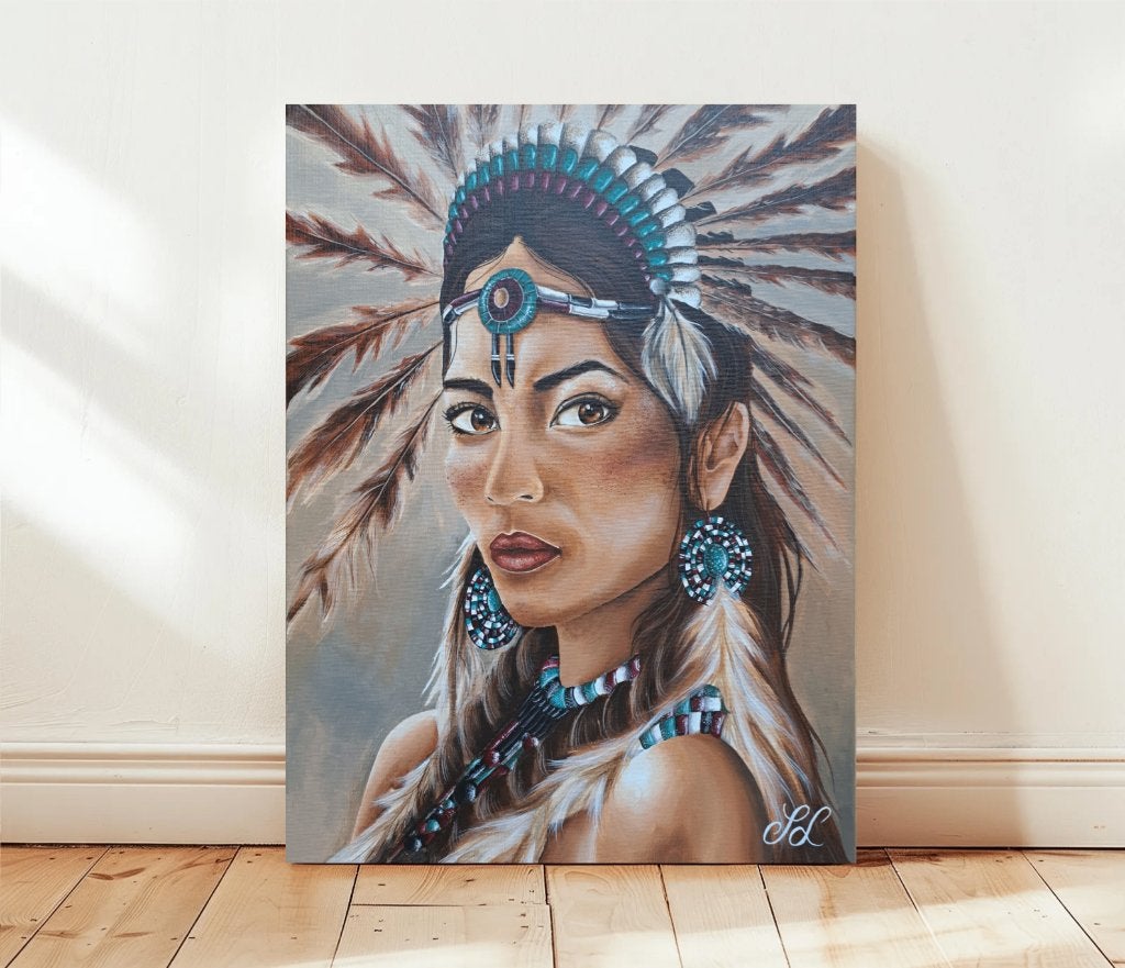 Hand-Painted Original Native American Portrait. (40x50 cm), Portret of Personen, Realistisch, Aquarel, Gesigneerd