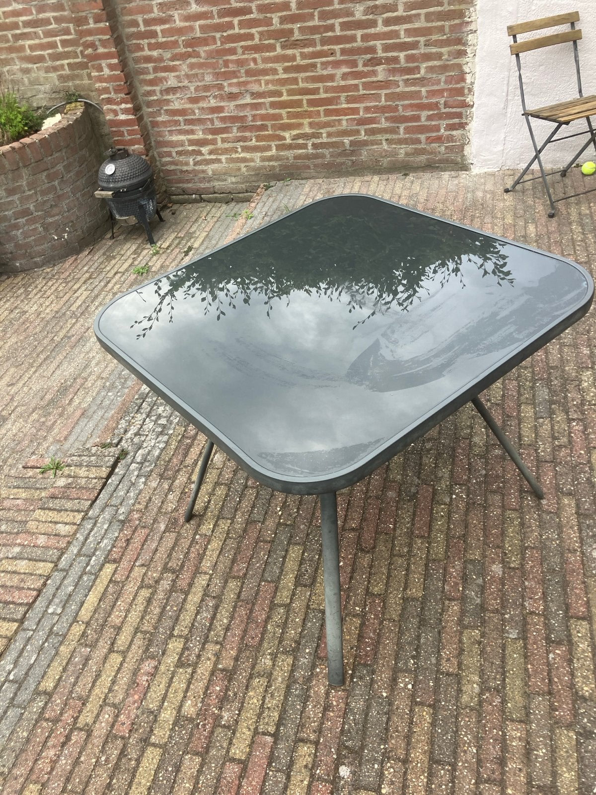 Glazen tuintafel 90x90 cm, hoogte 75 cm, Tuin en Terras, Tuintafels, Ophalen of Verzenden, Gebruikt, Vierkant, Overige materialen