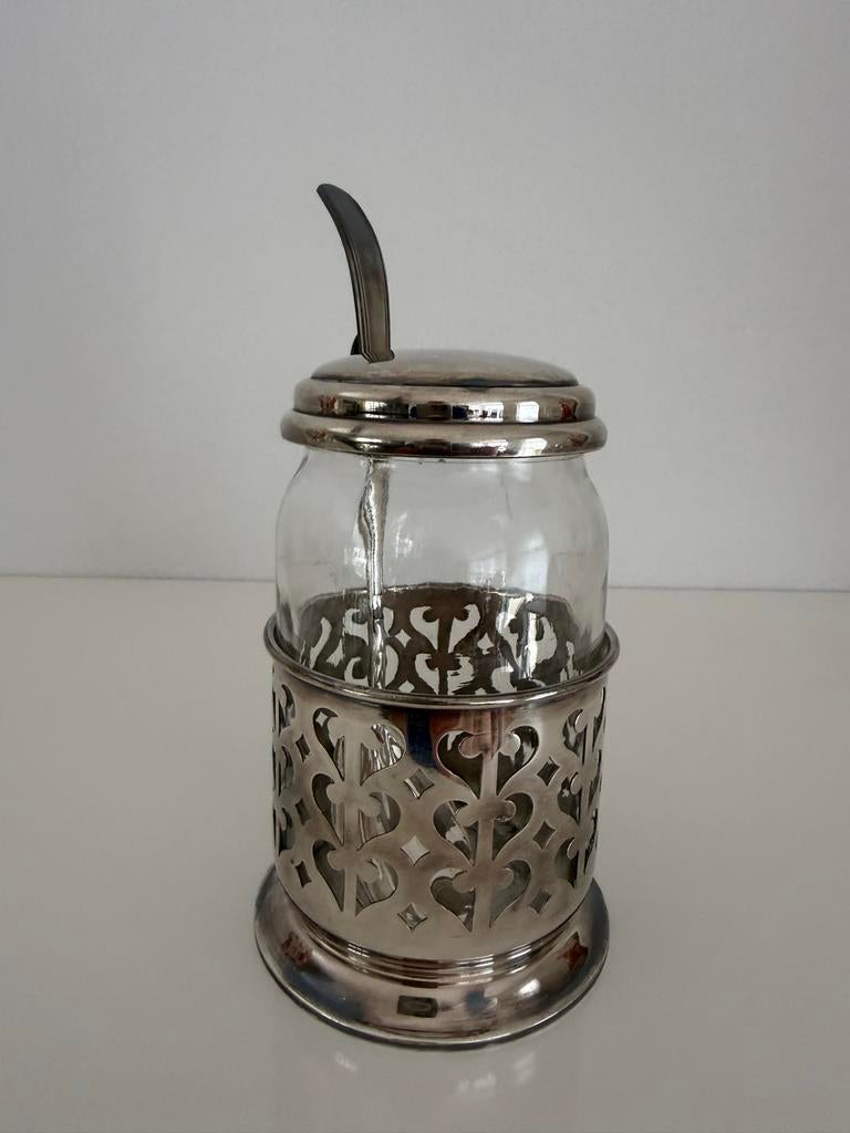 Vintage jampot met Lepel - Glas en Verzilverd (zilverpleet), Antiek en Kunst, Ophalen of Verzenden