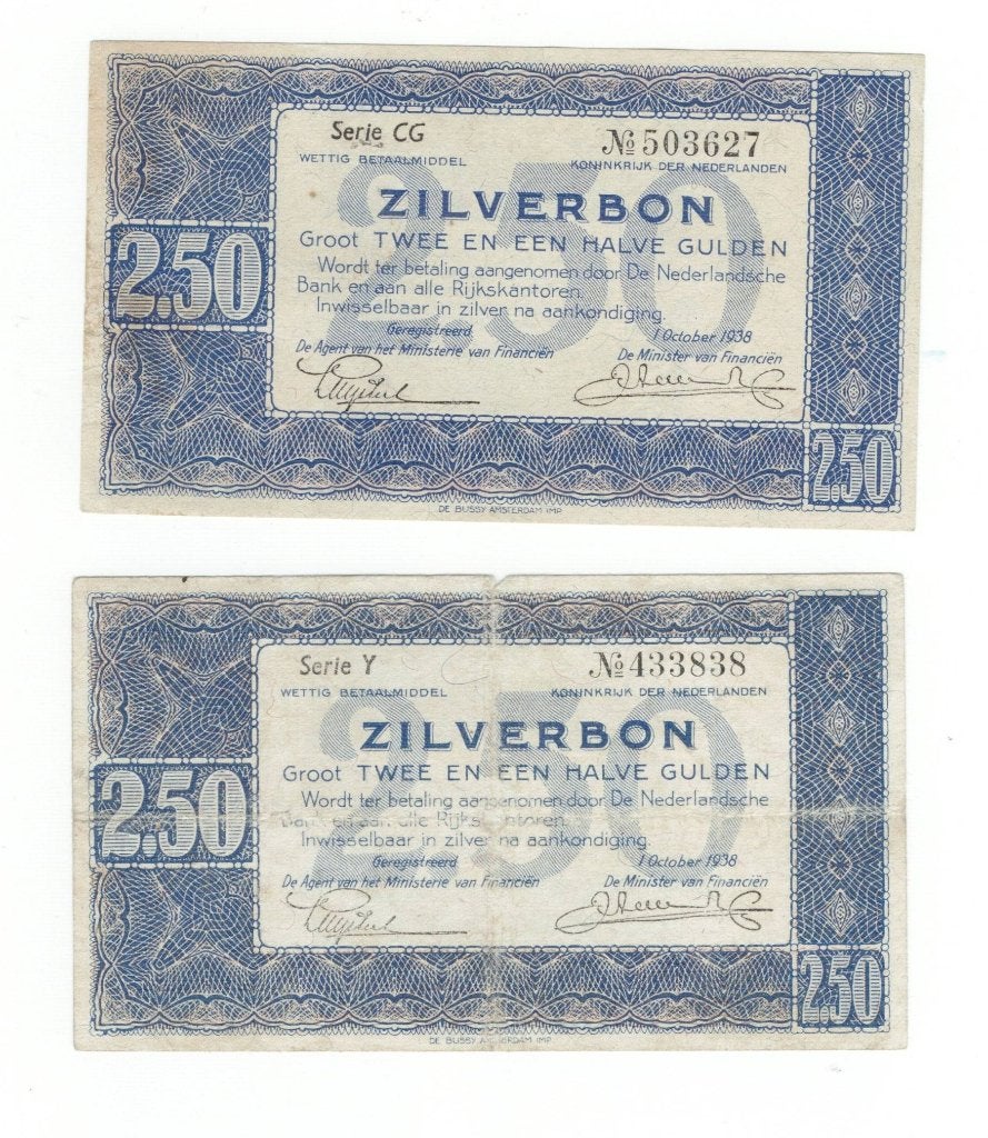 2x Zilverbon 2,50 Gulden - Serie CG en Serie Y (1938), Ophalen of Verzenden, 2½ gulden, Setje