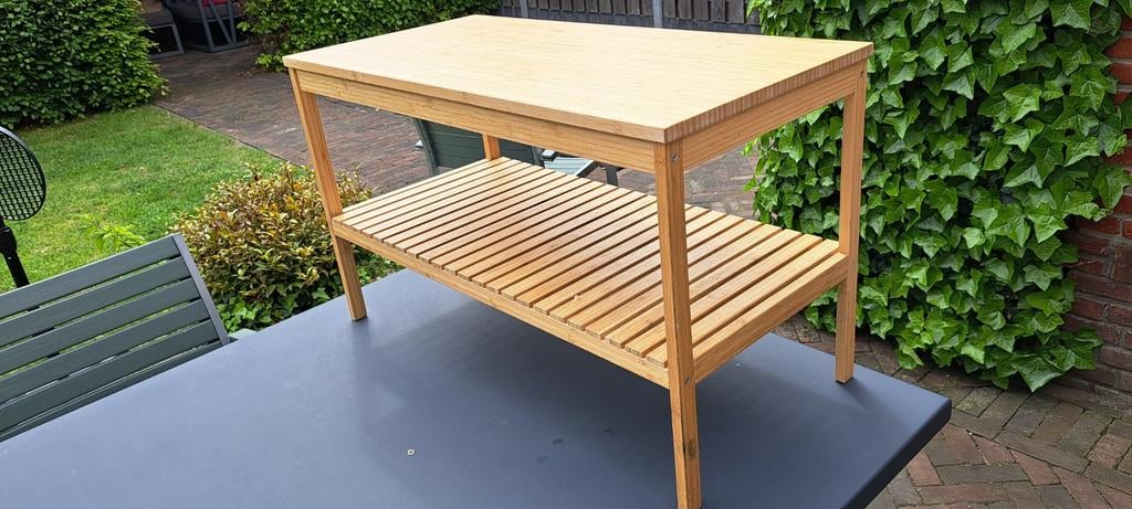 Bamboe bijzettafel met opbergplank, Gebruikt, Modern, Scandinavisch, Natuurlijk, 55 tot 75 cm, Rechthoekig