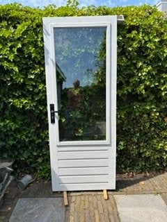 Buitendeur hardhout met dubbel glas, Ophalen, Gebruikt, 80 tot 100 cm, Buitendeur