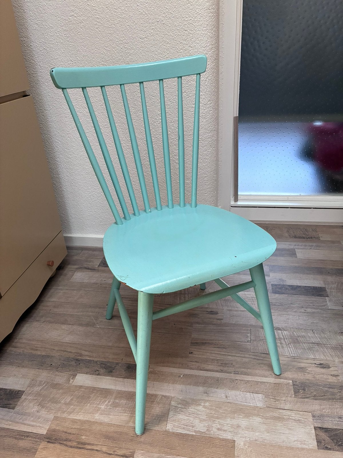Houten vintage antiek spijlenstoel blauw, Huis en Inrichting, Ophalen, Gebruikt, Blauw, Eén