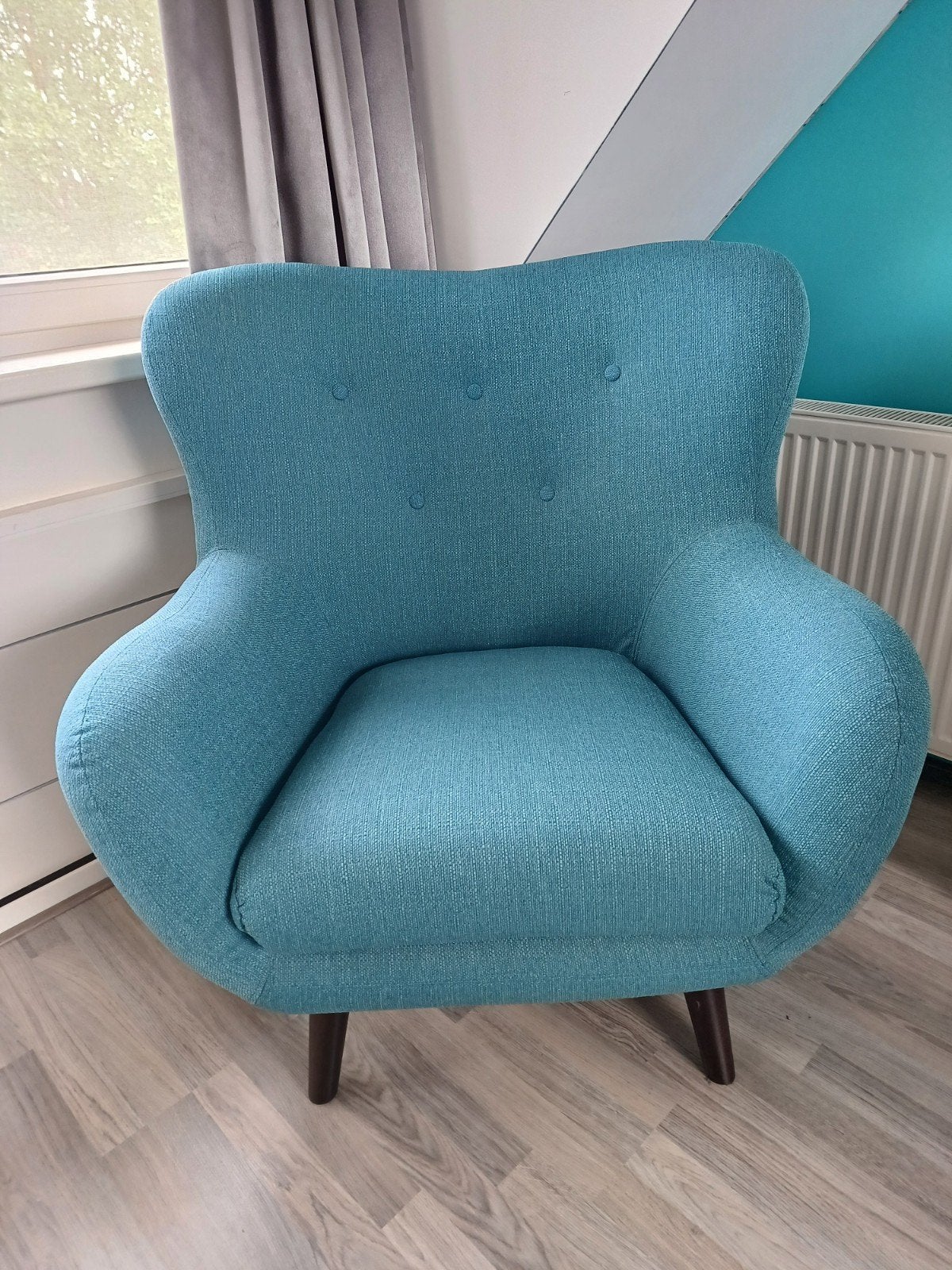 Zo goed als nieuwe turquoise fauteuil - 104x91x80 cm, Ophalen, 75 tot 100 cm, Zo goed als nieuw, 100 tot 125 cm