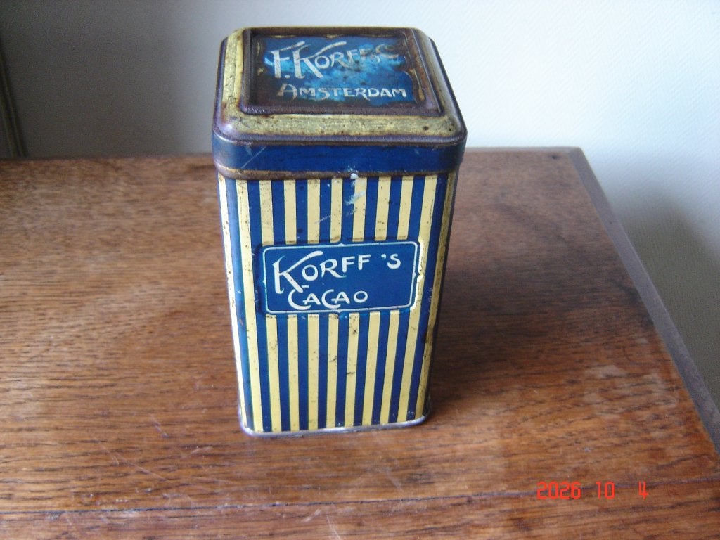 F Korff Amsterdam, oud cacao blik, 500 gram., Ophalen of Verzenden, Gebruikt, Overige, Overige merken