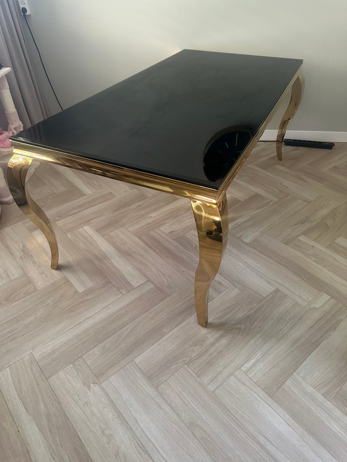 EETTAFEL MET MASSIEF GLAZEN BLAD, Ophalen, 200 cm of meer, 50 tot 100 cm, Zo goed als nieuw