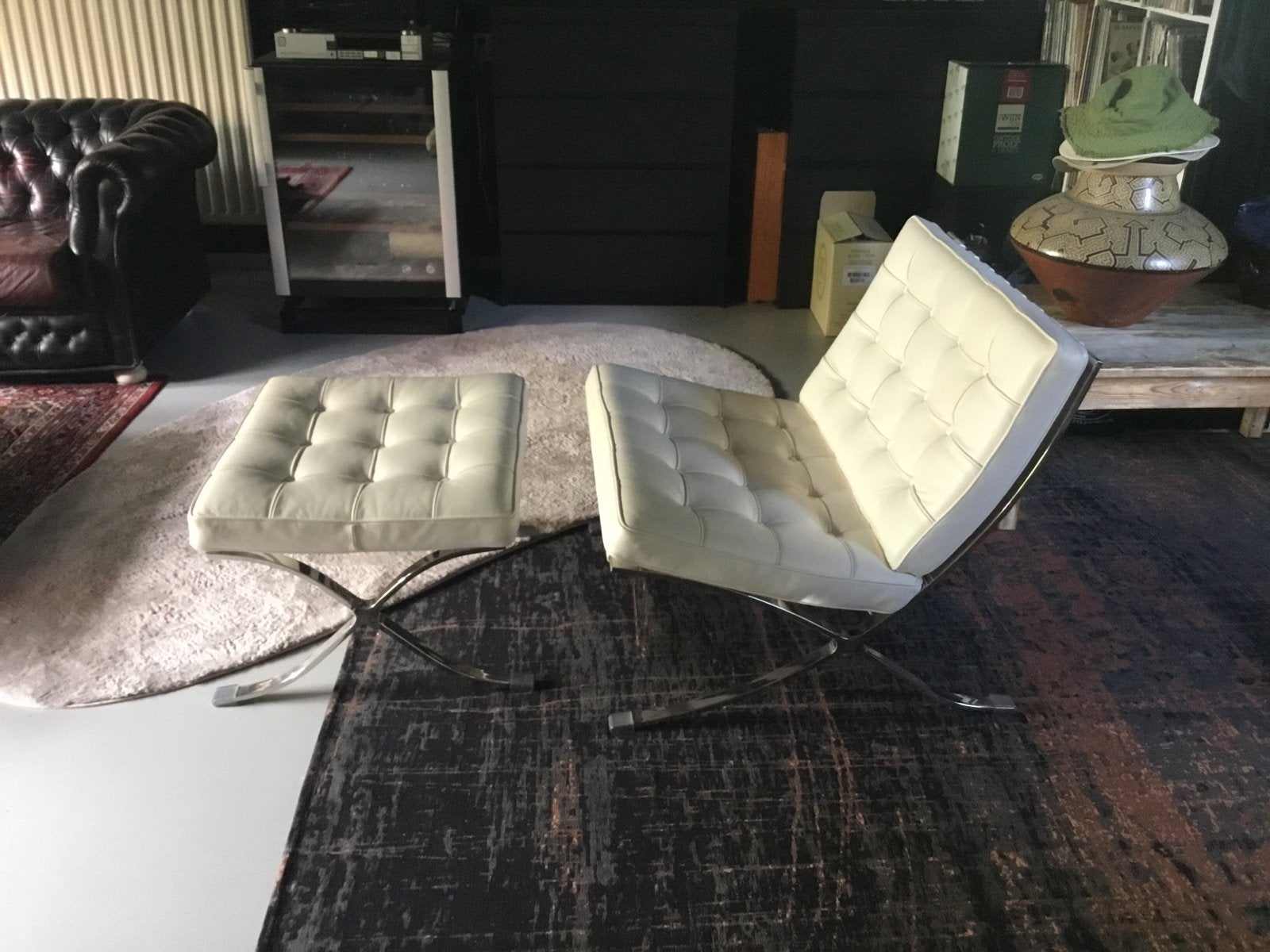 Mies van der Rohe Barcelona stoel replica met hocker, Ophalen, Gebruikt, Leer, 75 tot 100 cm