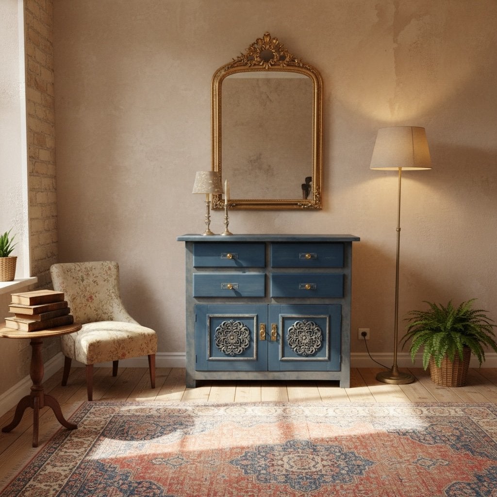 Unieke gerestylde commode – blauw met ornamenten, Ophalen, 100 tot 150 cm, Zo goed als nieuw, 3 of 4 laden