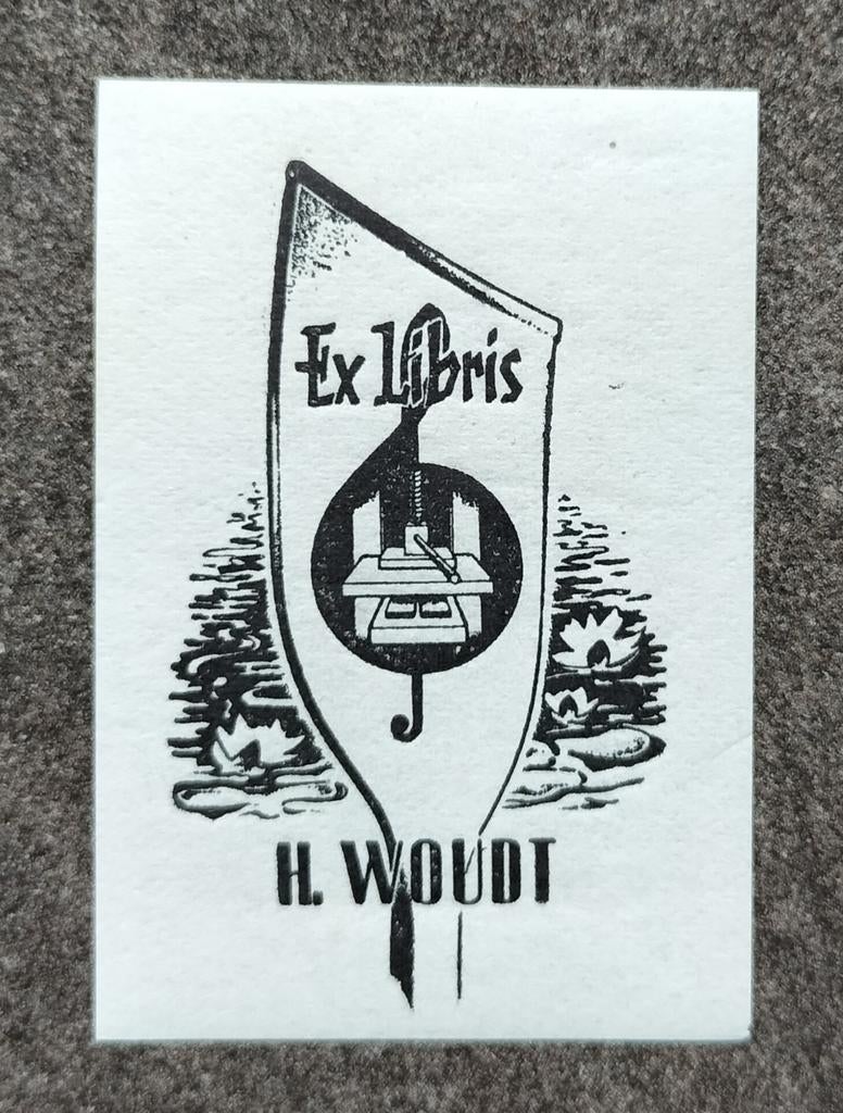 Exlibris H. Woudt (handpers, muziek G-sleutel, waterlelies), Ophalen of Verzenden