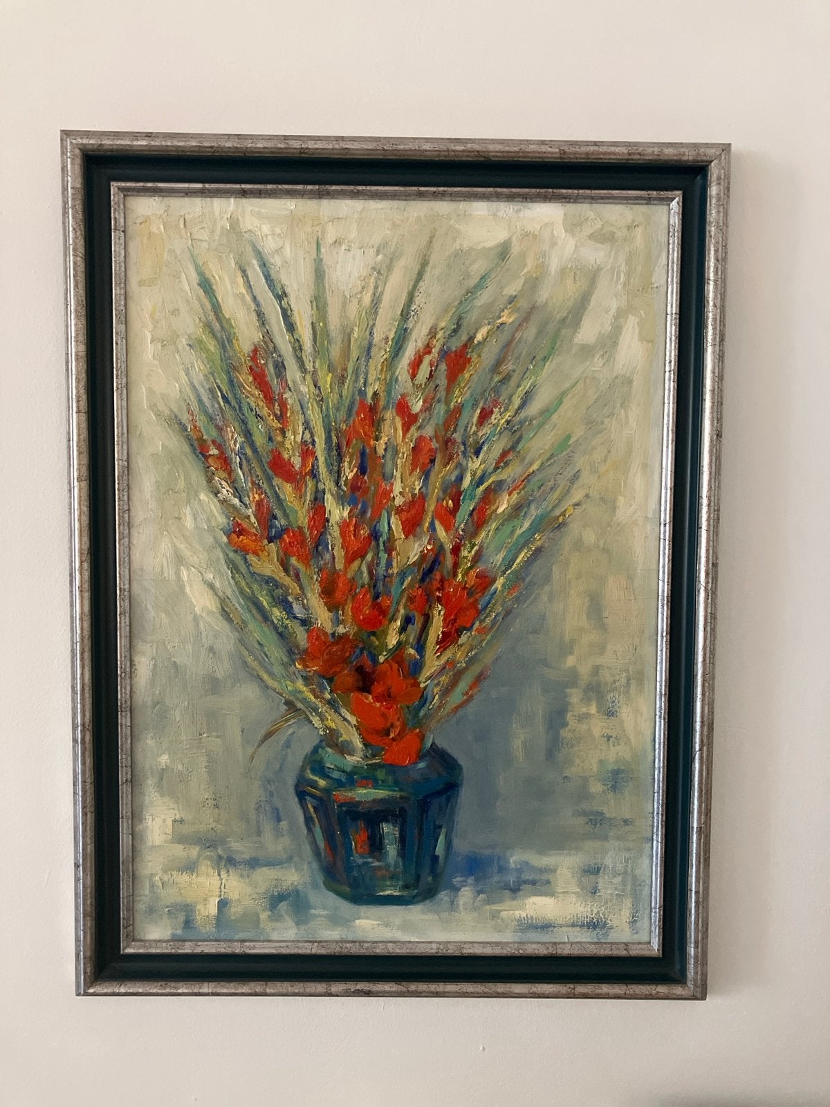 Levendig bloemstilleven, olieverf op doek, ingelijst, Doek, Expressionistisch, Handgeschilderd, Olieverf