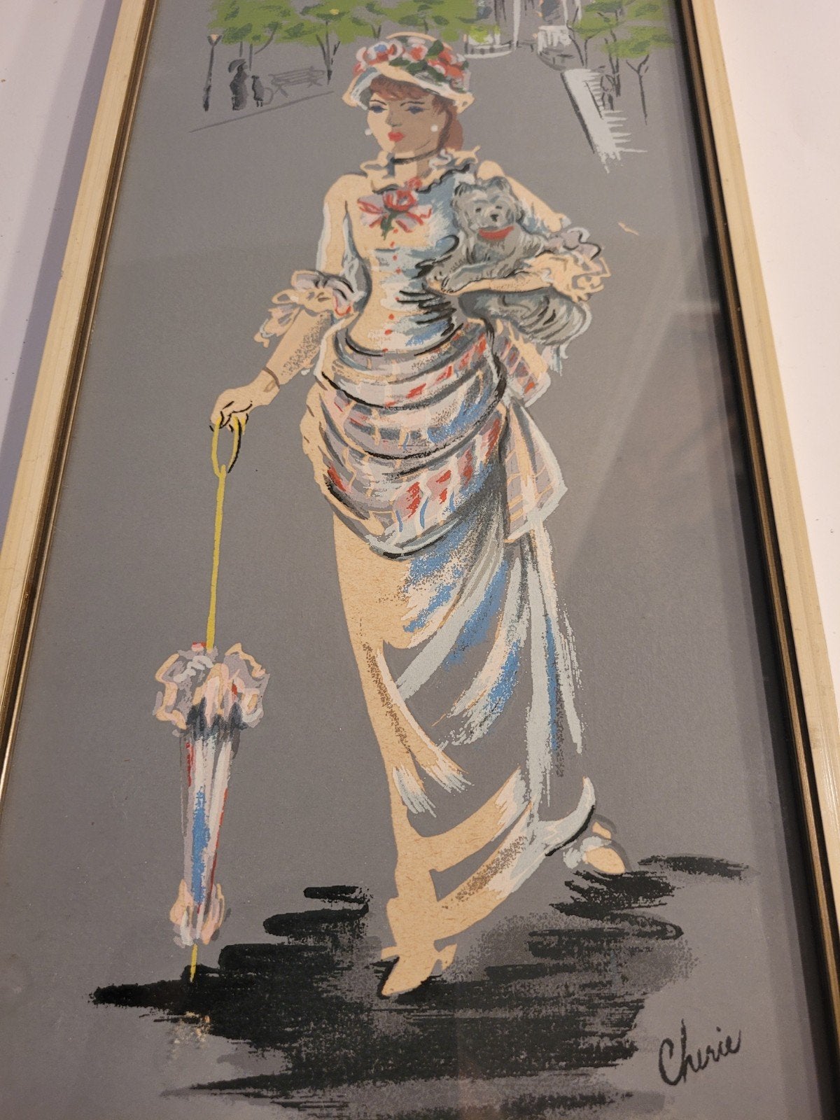 Vintage Schilderij Dame met Hondje en Parasol - Gesigneerd, Antiek en Kunst, Portret of Personen, Impressionistisch, Ophalen of Verzenden