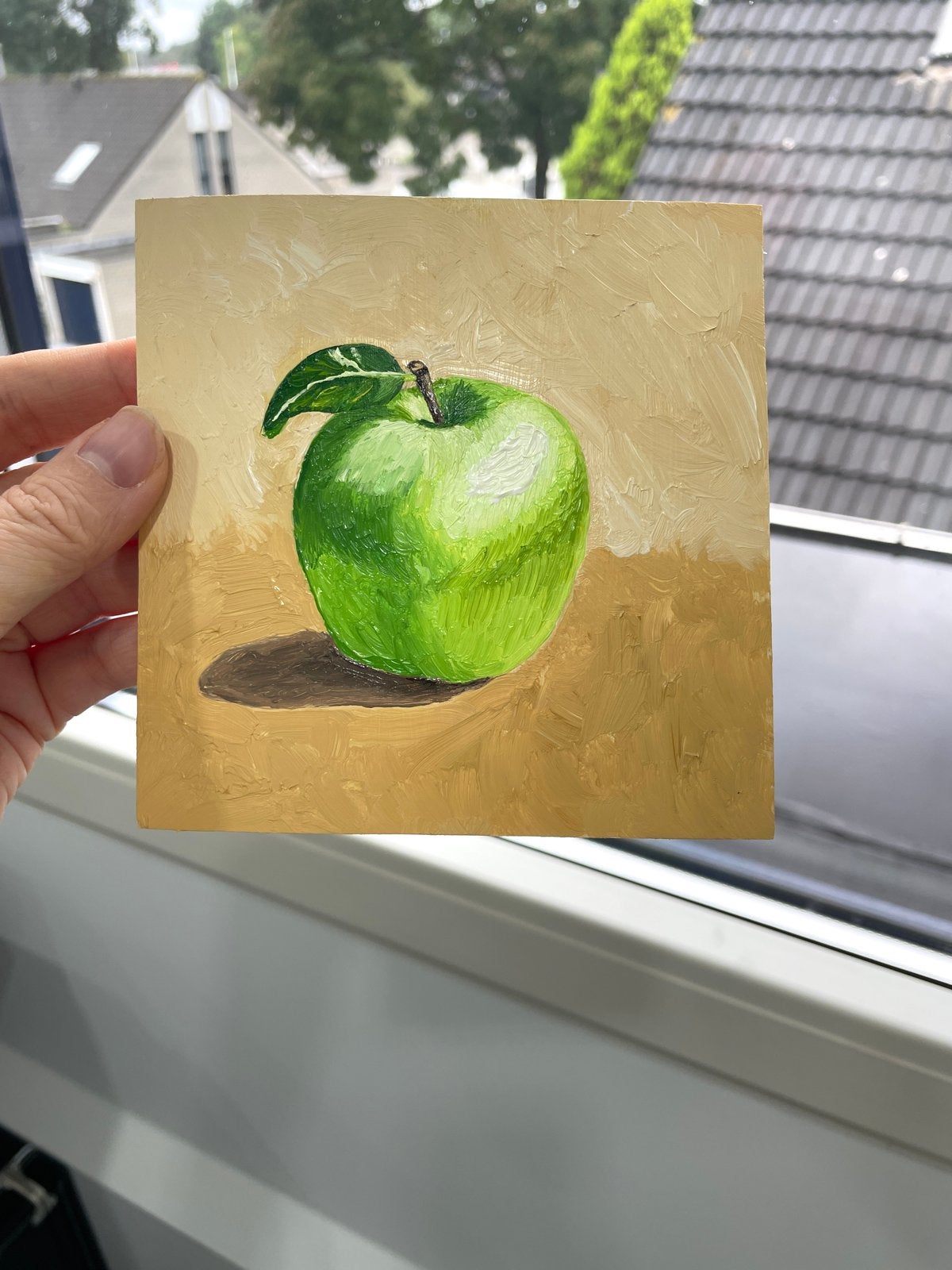 Handgeschilderd Groene Appel Schilderij, Paneel, Verzenden, Realistisch, Stilleven