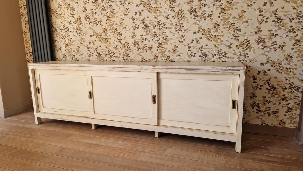 Teakhouten dressoir met schuifdeuren, Huis en Inrichting, Kasten | Dressoirs, Teakhout, Ophalen of Verzenden, 200 cm of meer, 25 tot 50 cm