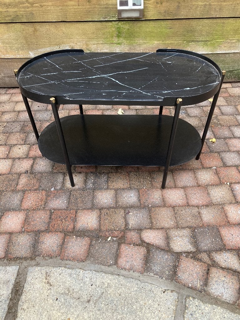 Zwarte ovale salontafel met marmerlook blad, Huis en Inrichting, Gebruikt, Metaal of Aluminium, 75 cm of meer, Modern