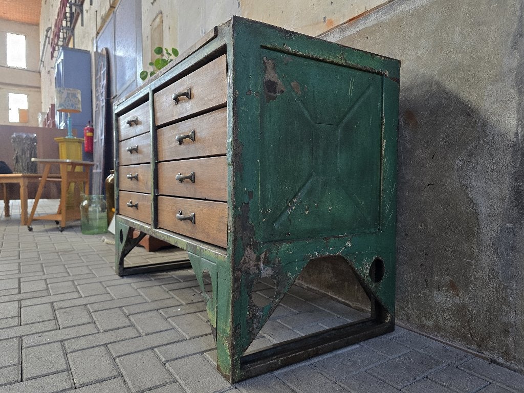 Vintage Stalen Dressoir | Grote Laden Kast Groen Ladekast, Huis en Inrichting, Grenenhout, Gebruikt, 150 tot 200 cm, Ophalen of Verzenden