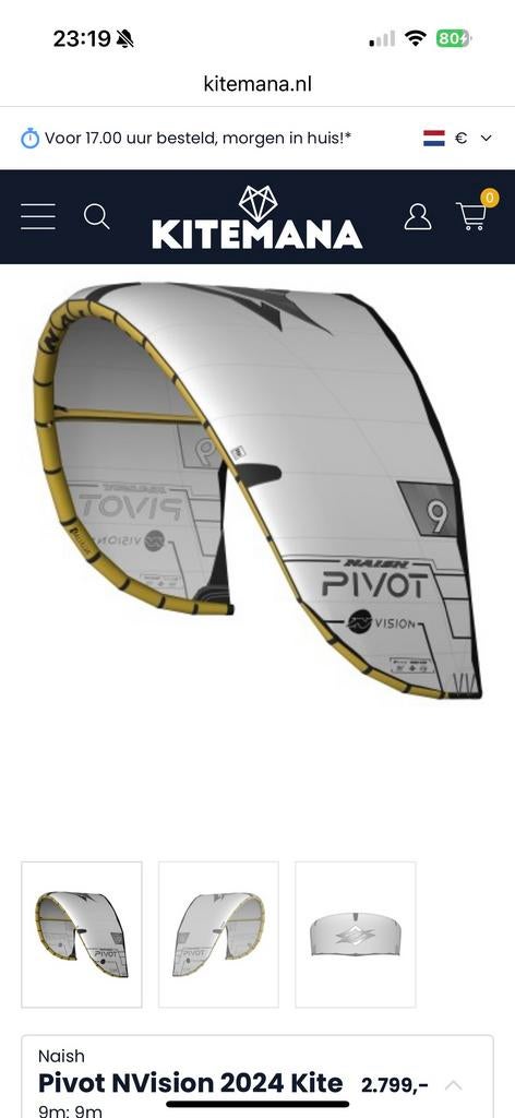 Naish Pivot NVision 2024 Kite 9m, Watersport en Boten, Kitesurfen, 9 m², Geen board, Ophalen of Verzenden, Zo goed als nieuw