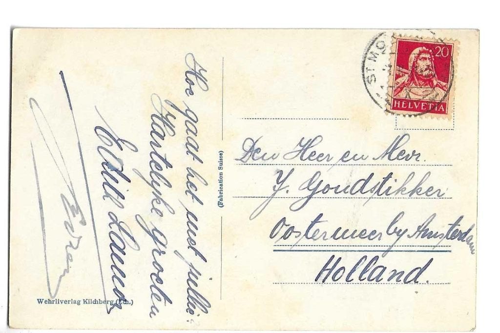 goudstikker ansicht  st.moritz  carlton-hotel  1920 gesign., Verzamelen, Verzenden, Voor 1920, Gelopen, Sterren en Beroemdheden