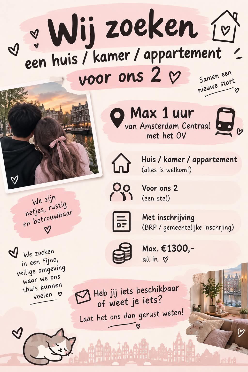 Kamer, apartement, huisje gezocht rondom Amsterdam