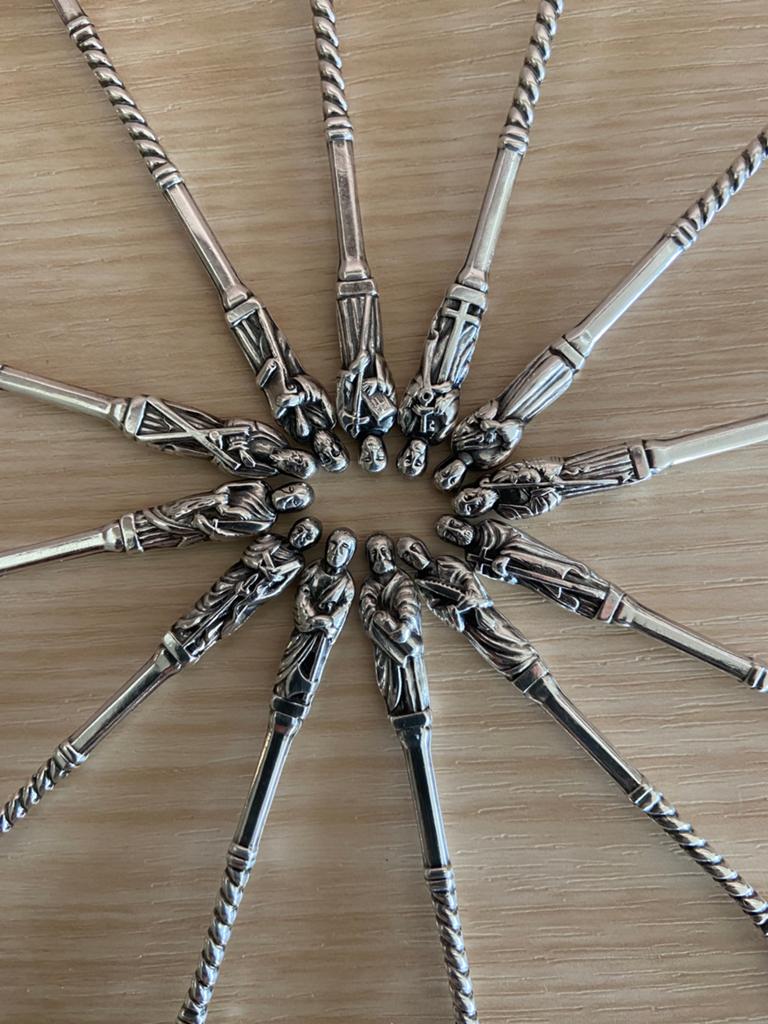 Complete set van 12 verzilverde Apostel lepeltjes., Antiek en Kunst, Ophalen of Verzenden