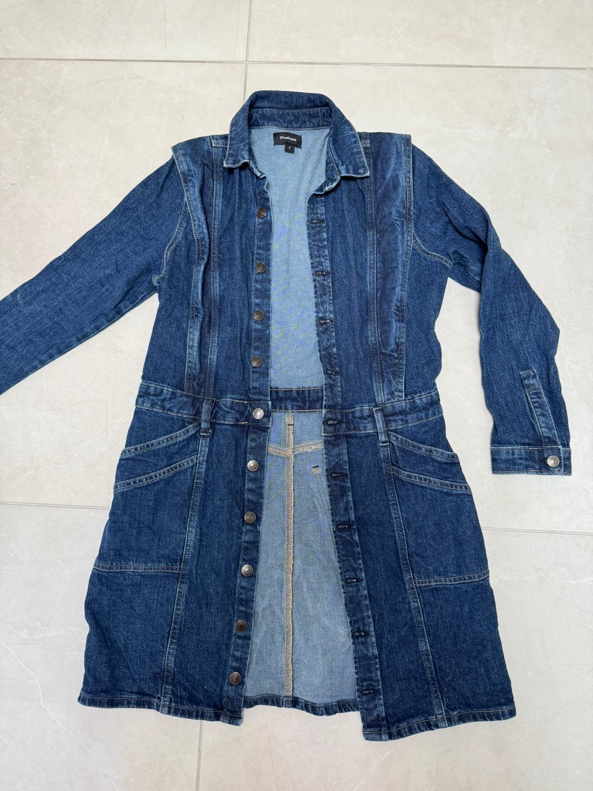 Lange spijkerjas spijker mantel S madness donkerblauw, Ophalen of Verzenden, Zo goed als nieuw, Maat 36 (S), Blauw