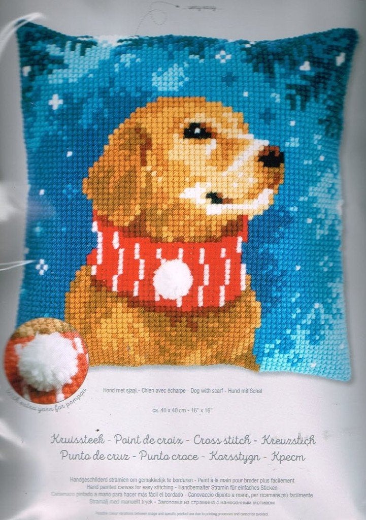 Cado vervaco borduurpakket kussen HOND met SJAAL, Ophalen of Verzenden, Nieuw, Handborduren, Borduurpakket