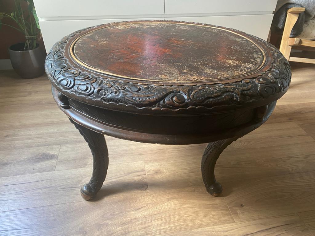 Antieke ronde houten salontafel, Ophalen, Zo goed als nieuw, Rond, 50 tot 100 cm