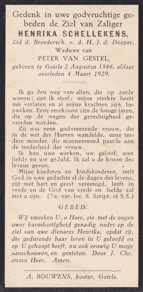 Schellekens Henrika 1846 Goirle 1929, Ophalen of Verzenden, Bidprentje