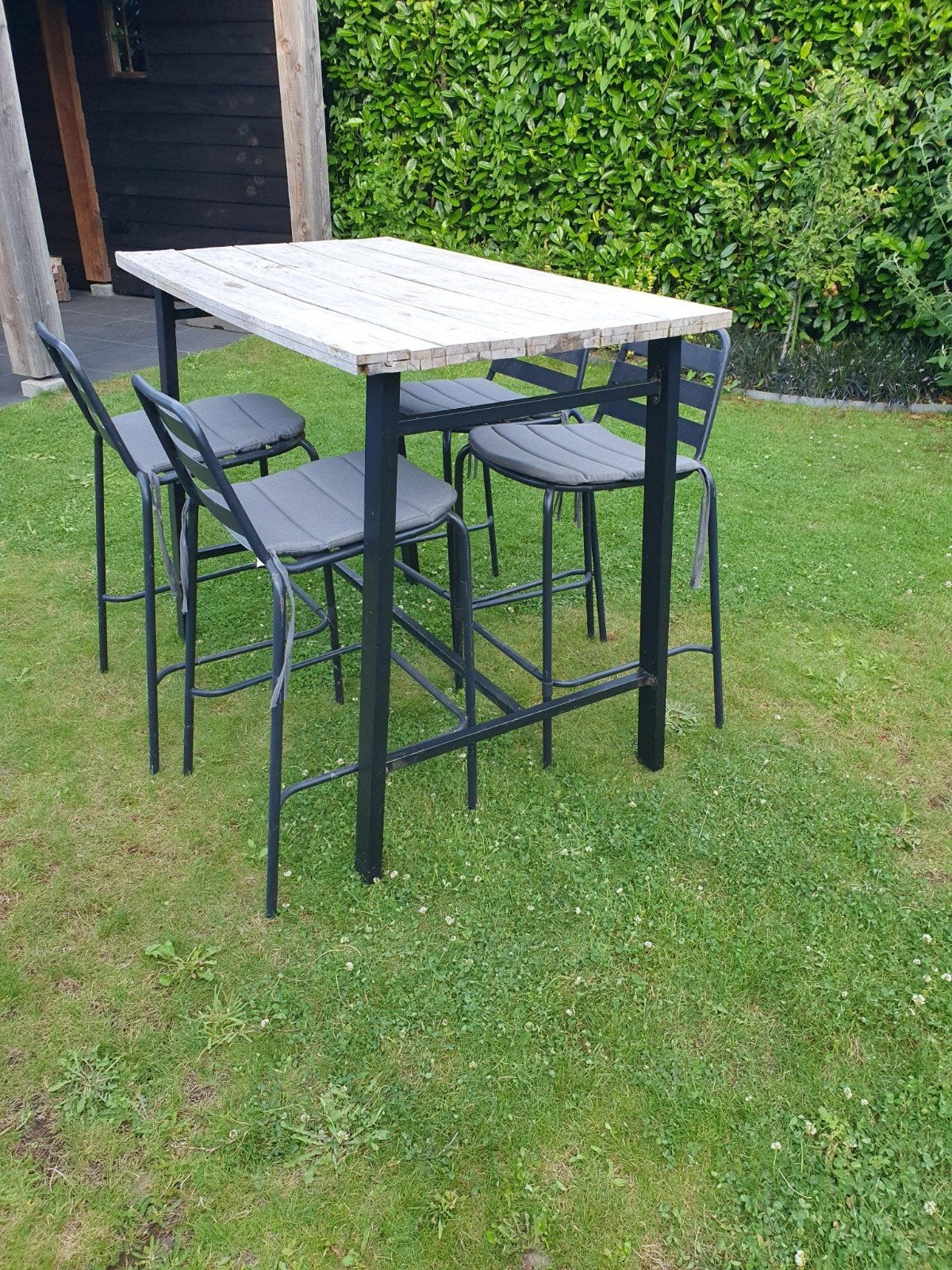 Bar tafel / hoge tafel met 4 stoelen voor buiten, Ophalen, Gebruikt, 90 cm of meer, 4 krukken