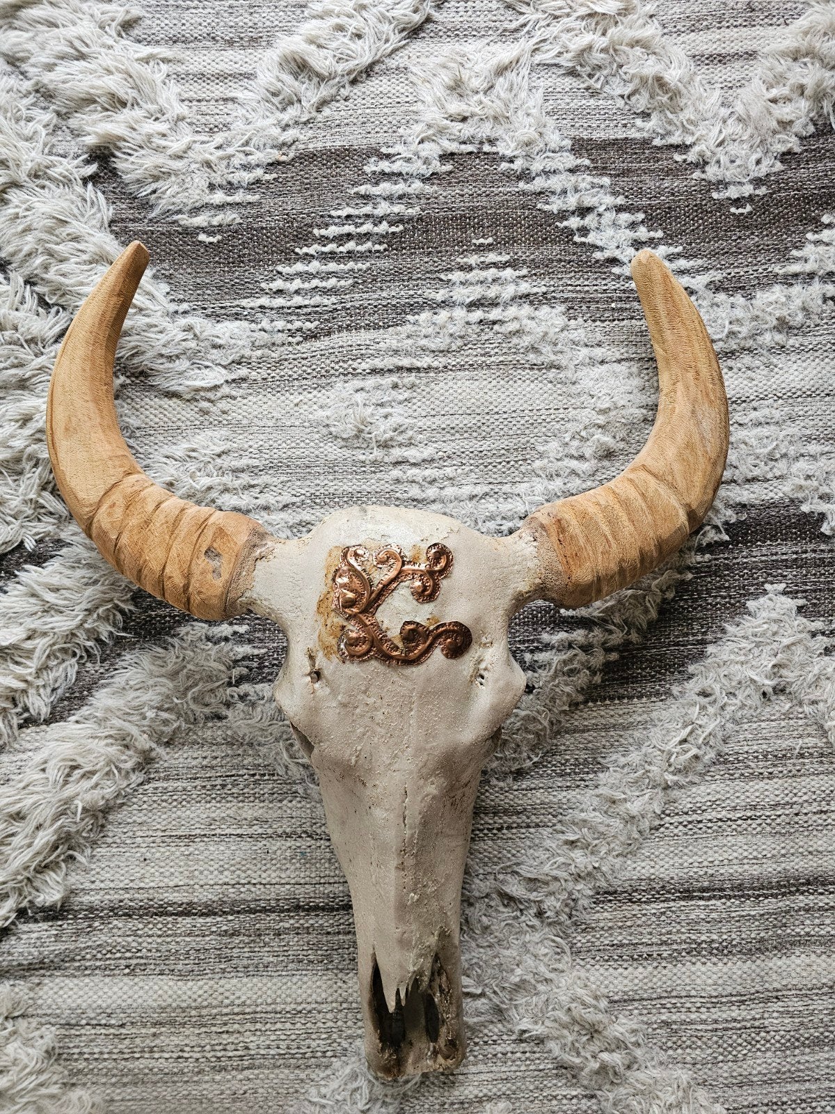 Wanddecoratie, buffelschedel, Hout, Gebruikt, Beige, Boho