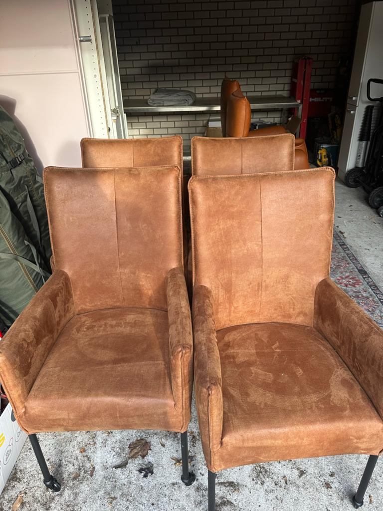 Leren eetkamerstoelen op wieltjes - Bruin, Gebruikt, Bruin, Leer, Ophalen of Verzenden