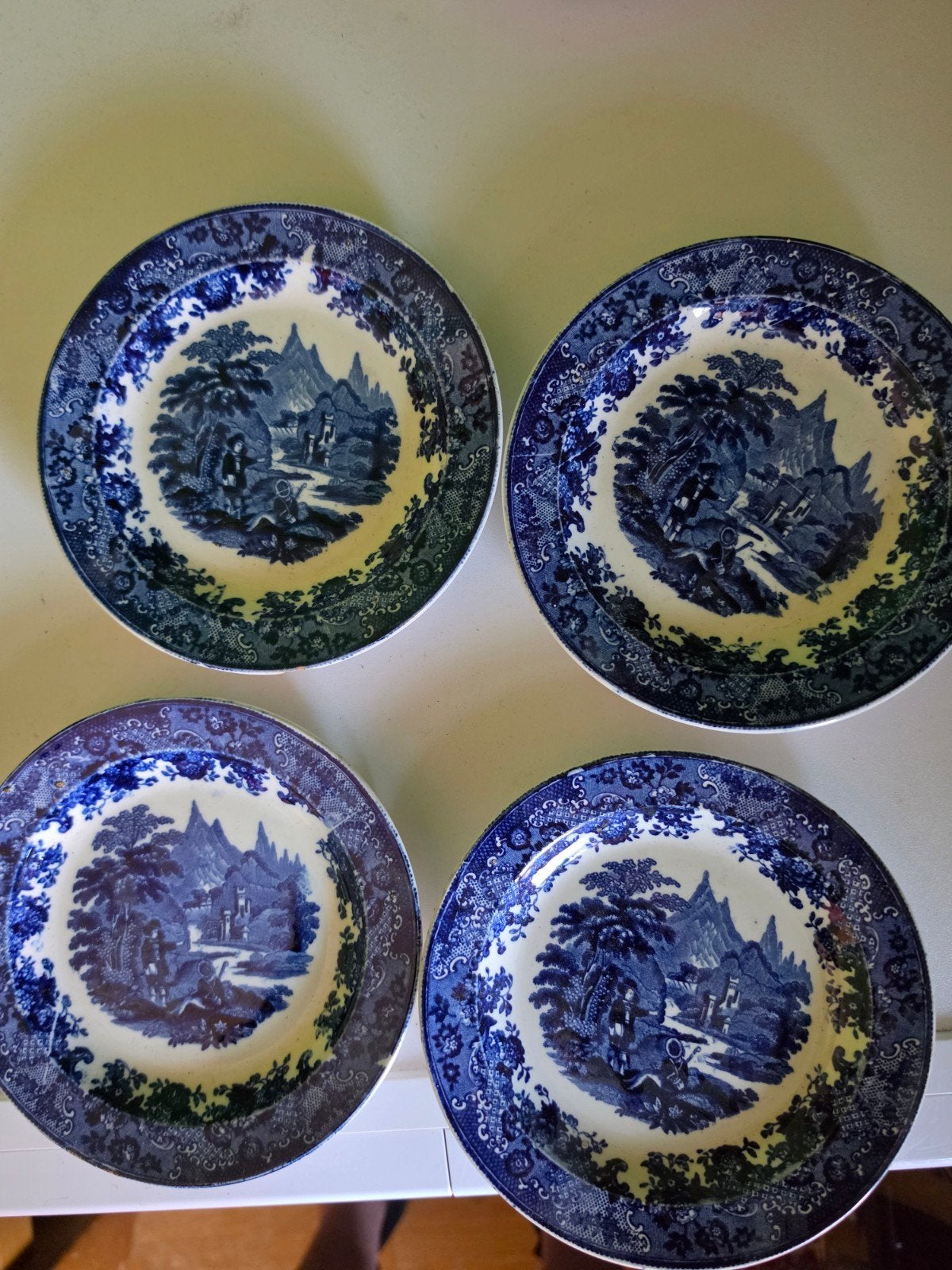 Set van 4 antieke Montagne borden, blauw-wit, 16 cm, Antiek en Kunst, Ophalen of Verzenden