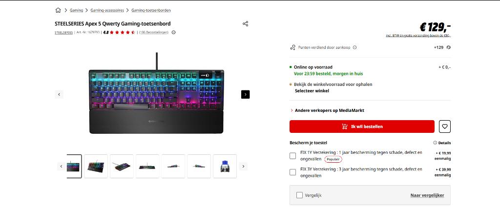 steelseries toetsenbord apex 5, Computers en Software, Toetsenborden, Zo goed als nieuw, Bedraad, Ophalen of Verzenden